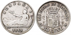 1869*69. Gobierno Provisional. SNM. 50 céntimos. (AC. 13). 2,47 g. BC+.