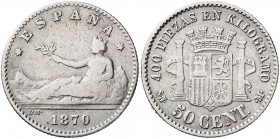 1870*70. Gobierno Provisional. SNM. 50 céntimos. (AC. 15). 2,38 g. BC+.