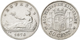 1870*70. Gobierno Provisional. SNM. 50 céntimos. (AC. 15). 2,45 g. BC+/MBC-.