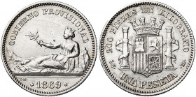 1869. Gobierno Provisional. SNM. 1 peseta. (AC. 16). GOBIERNO PROVISIONAL. Rayitas. 4,95 g. MBC.