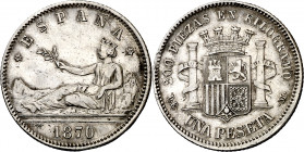 1870*1873. I República. DEM. 1 peseta. (AC. 19). Golpecitos. 5,02 g. MBC/MBC+.