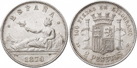 1870*1874. I República. DEM. 2 pesetas. (AC. 31). 9,92 g. MBC+/MBC.