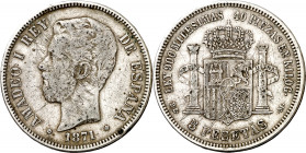 1871*1873. Amadeo I. DEM. 5 pesetas. (AC. 3). Rayas. Rara. 24,71 g (MBC-).