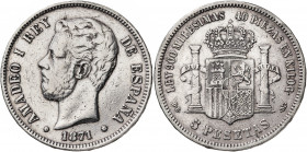 1871*-875. Amadeo I. DEM. 5 pesetas. (AC. 7). Limpiada. 24,84 g. BC+.