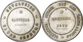 1873. Revolución Cantonal. Cartagena. 5 pesetas. (AC. 14). Reverso no coincidente. 100 perlas en anverso y 95 en reverso. Limpiada. 28,64 g. MBC+.