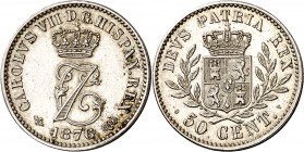 1876. Carlos VII, Pretendiente. Bruselas. 50 céntimos. (AC. 9). Rara. 2,46 g. S/C-.
