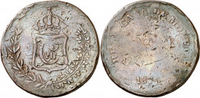 1875. Carlos VII, Pretendiente. Oñate. 5 pesetas. (AC. 20). Acuñada en cobre. Fuertes golpes. Rara. 24,97 g. (BC-).