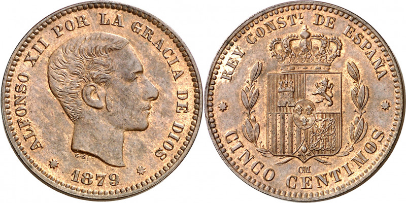 1879. Alfonso XII. Barcelona. OM. 5 céntimos. (AC. 6). Bella. Parte de brillo or...