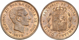 1879. Alfonso XII. Barcelona. OM. 5 céntimos. (AC. 6). Bella. Parte de brillo original. 4,98 g. EBC.