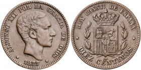 1877. Alfonso XII. Barcelona. OM. 10 céntimos. (AC. 8). 10,10 g. MBC-.