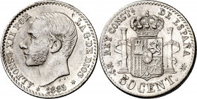 1885*86. Alfonso XII. MSM. 50 céntimos. (AC. 14). Brillo original. 2,42 g. EBC-.