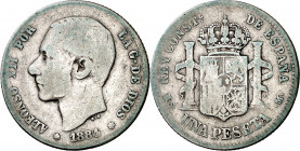 1884*----. Alfonso XII. MSM. 1 peseta. (AC. 23). Rara. 4,75 g. BC.