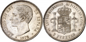 1875*1875. Alfonso XII. DEM. 5 pesetas. (AC. 35). Golpecitos. 24,60 g. MBC+.