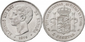 1876*1876. Alfonso XII. DEM. 5 pesetas. (AC. 37). Leves rayitas. 24,95 g. MBC.
