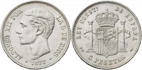 1877*1877. Alfonos XII. DEM. 5 pesetas. (AC. 38). 24,90 g. MBC-.