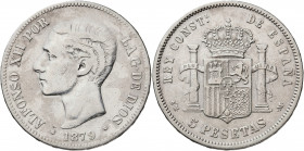 1879*1879. Alfonso XII. EMM. 5 pesetas. (AC. 42). Limpiada. 24,68 g. BC/BC+.