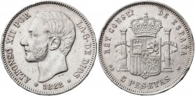 1882/1*1881. Alfonso XII. MSM. 5 pesetas. (AC. 45). Rayitas. Escasa. 24,86 g. BC+.