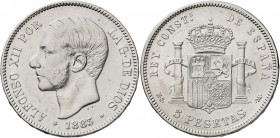 1883*18--. Alfonso XII. MSM. 5 pesetas. (AC. 55). Limpiada. 24,76 g. BC+.