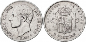 1885*-886. Alfonso XII. MSM. 5 pesetas. (AC. 61). 24,56 g. BC.