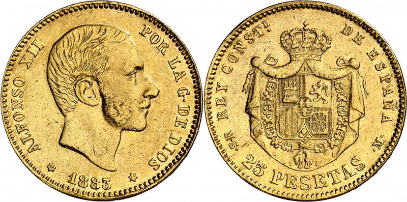 1883/2*1883. Alfonso XII. MSM. 25 pesetas. (AC. 86). Sirvió como joya. Muy escas...