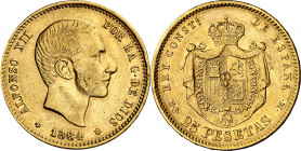 1884*1884. Alfonso XII. MSM. 25 pesetas. (AC. 89). Escasa. 8 g. MBC-/MBC.