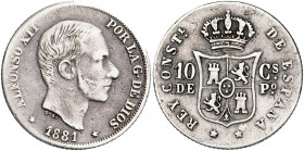 1881. Alfonso XII. Manila. 10 centavos. (AC. 94). Golpecitos. 2,57 g. MBC-.