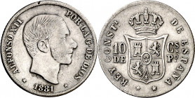 1881. Alfonso XII. Manila. 10 centavos. (AC. 94). Golpecito. 2,55 g. MBC-/MBC.