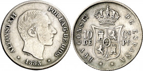 1883. Alfonso XII. Manila. 10 centavos. (AC. 99). 2,60 g. MBC-.