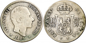 1884. Alfonso XII. Manila. 10 centavos. (AC. 100). Hojitas en reverso. Escasa. 2,52 g. BC.