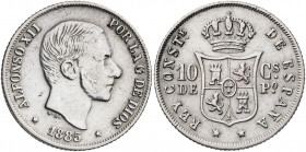1885. Alfonso XII. Manila. 10 centavos. (AC. 102). 2,54 g. MBC/MBC+.