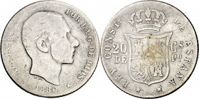 1880. Alfonso XII. Manila. 20 centavos. (AC. 103). Escasa. 4,91 g. BC.