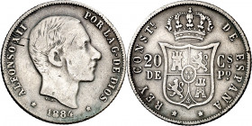 1884. Alfonso XII. Manila. 20 centavos. (AC. 110). Escasa. 5,02 g. BC+/MBC-.
