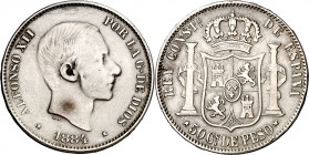 1884. Alfonso XII. Manila. 50 centavos. (AC. 121). Escasa. 12,68 g. BC+/MBC-.