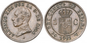 1911*1. Alfonso XIII. PCV. 1 céntimo. (AC. 3). Escasa. 1,10 g. EBC-.