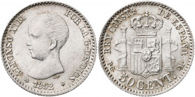 1892*92. Alfonso XIII. PGM. 50 céntimos. (AC. 38). 2,50 g. EBC/EBC+.