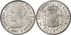 1892*92. Alfonso XIII. PGM. 50 céntimos. (AC. 38). Brillo original. 2,45 g. EBC+.