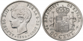 1896*96. Alfonso XIII. PGV. 50 céntimos. (AC. 44). 2,48 g. MBC.