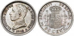1910*10. Alfonso XIII. PCV. 50 céntimos. (AC. 48). Pátina. 2,50 g. S/C-.