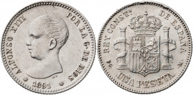1891*1891. Alfonso XIII. PGM. 1 peseta. (AC. 53). Rayitas. Brillo original. 4,99 g. MBC+/MBC.
