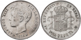 1896*1896. Alfonso XIII. PGV. 1 peseta. (AC. 56). Golpecito. Parte de brillo original. 5 g. EBC/EBC+.