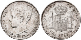 1902*1902. Alfonso XIII. SMV. 1 peseta. (AC. 64). Rayitas. 4,94 g. MBC/MBC+.