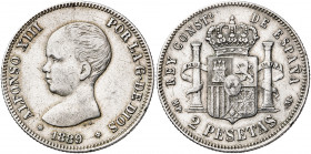 1889*1889. Alfonso XIII. MPM. 2 pesetas. (AC. 82). Rayitas. 9,95 g. MBC/MBC-.