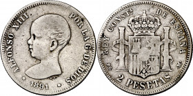1891*----. Alfonso XIII. PGM. 2 pesetas. (AC. 84). Escasa. 9,79 g. BC+/BC.
