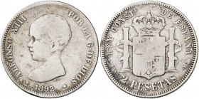 1892*--92. Alfonso XIII. PGM. 2 pesetas. (AC. 85). 9,60 g. BC.