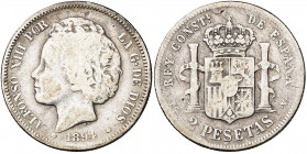 1894*----. Alfonso XIII. PGV. 2 pesetas. (AC. 86). Escasa. 9,68 g. BC+.
