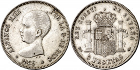 1889*1889. Alfonso XIII. MPM. 5 pesetas. (AC. 93). Leves marquitas. Buen ejemplar. 24,98 g. MBC+.