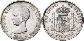 1891*--91. Alfonso XIII. PGM. 5 pesetas. (AC. 98). 24,69 g. BC+.