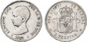 1892*189-. Alfonso XIII. PGM. 5 pesetas. (AC. 99). 24,79 g. BC.