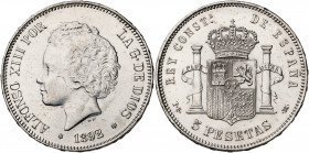 1892*1892. Alfonso XIII. PGM. 5 pesetas. (AC. 100). Limpiada. Golpes en canto. 25,10 g. MBC+.