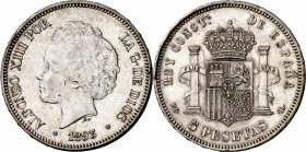 1893*1893. Alfonso XIII. PGL. 5 pesetas. (AC. 102). Leves golpecitos. 24,97 g. MBC+/EBC-.